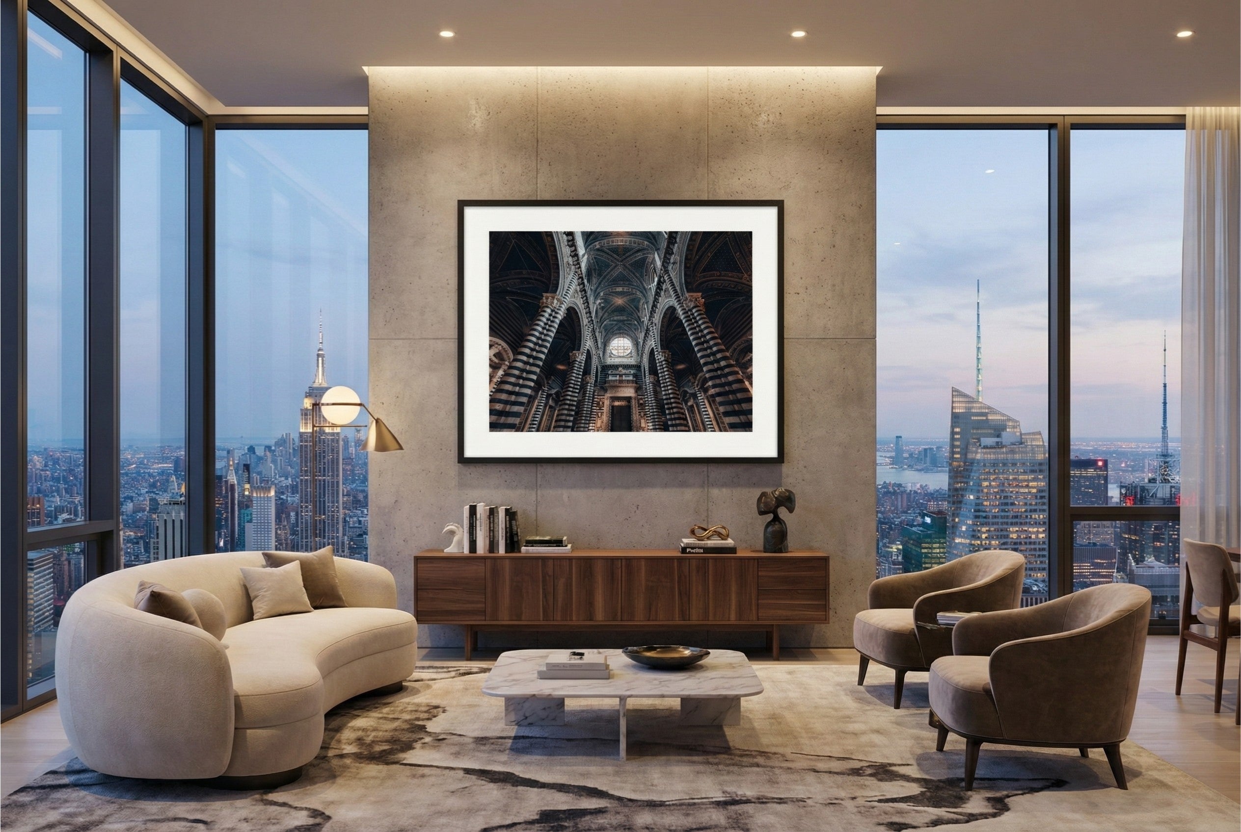 Modern living room with cityscape views and a large format framed photograph on a concrete wall