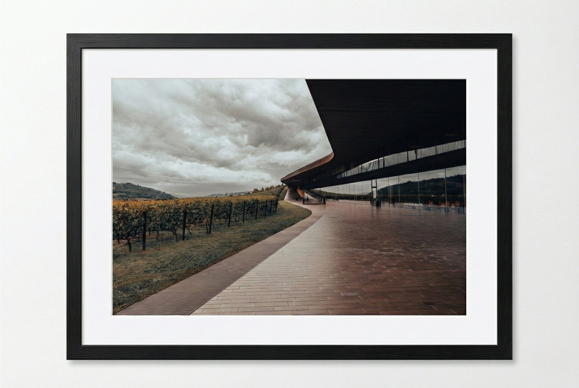 Framed photograph of a modern building with vineyards in the background