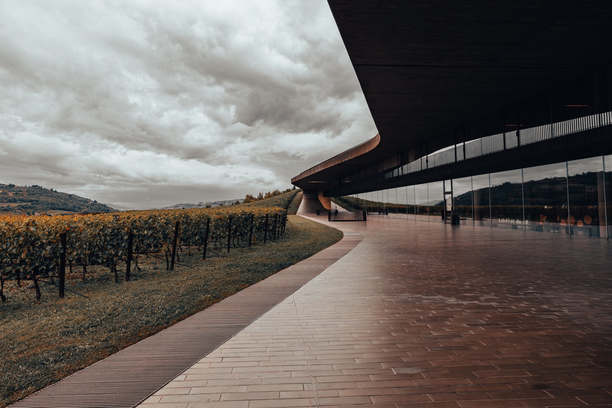 Modern building with a brick walkway leading to vineyards under a cloudy sky