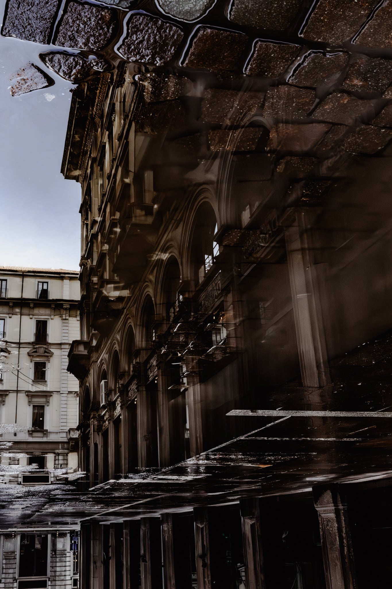 Reflective surface showing architectural details of a building with a blurred foreground