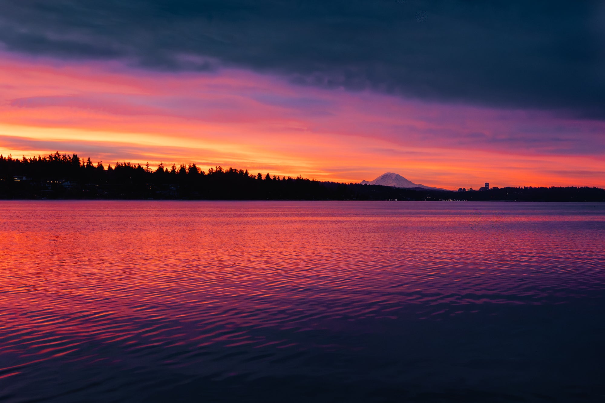 Sunset over a lake with a mountain in the distance